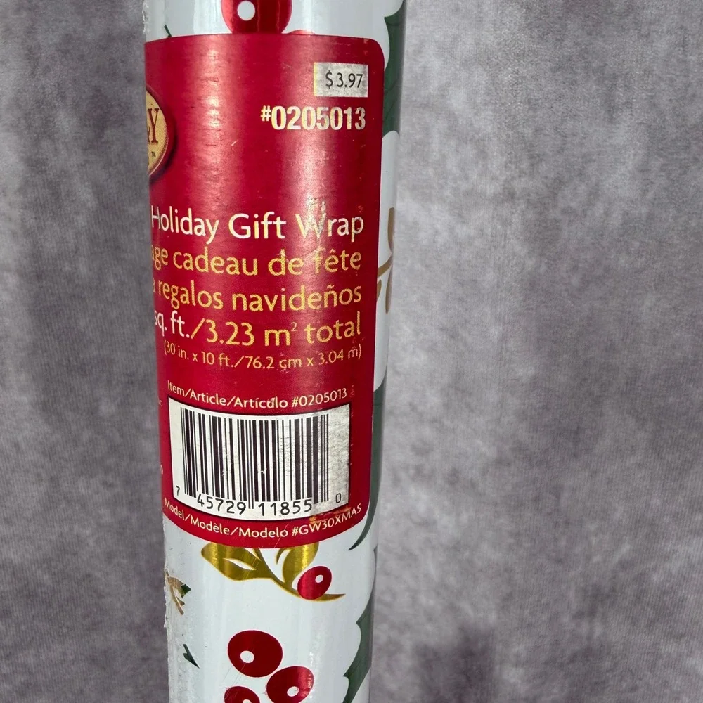 Vtg Y2K Christmas Gift Wrapping Paper Holly Berries Gold Metallic 25 Sq Ft NEW